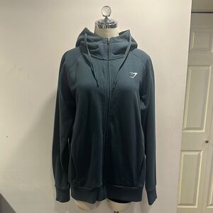 Gymshark Green/Teal Zip-Up Jacket with Hood and Ribbed Cuffs